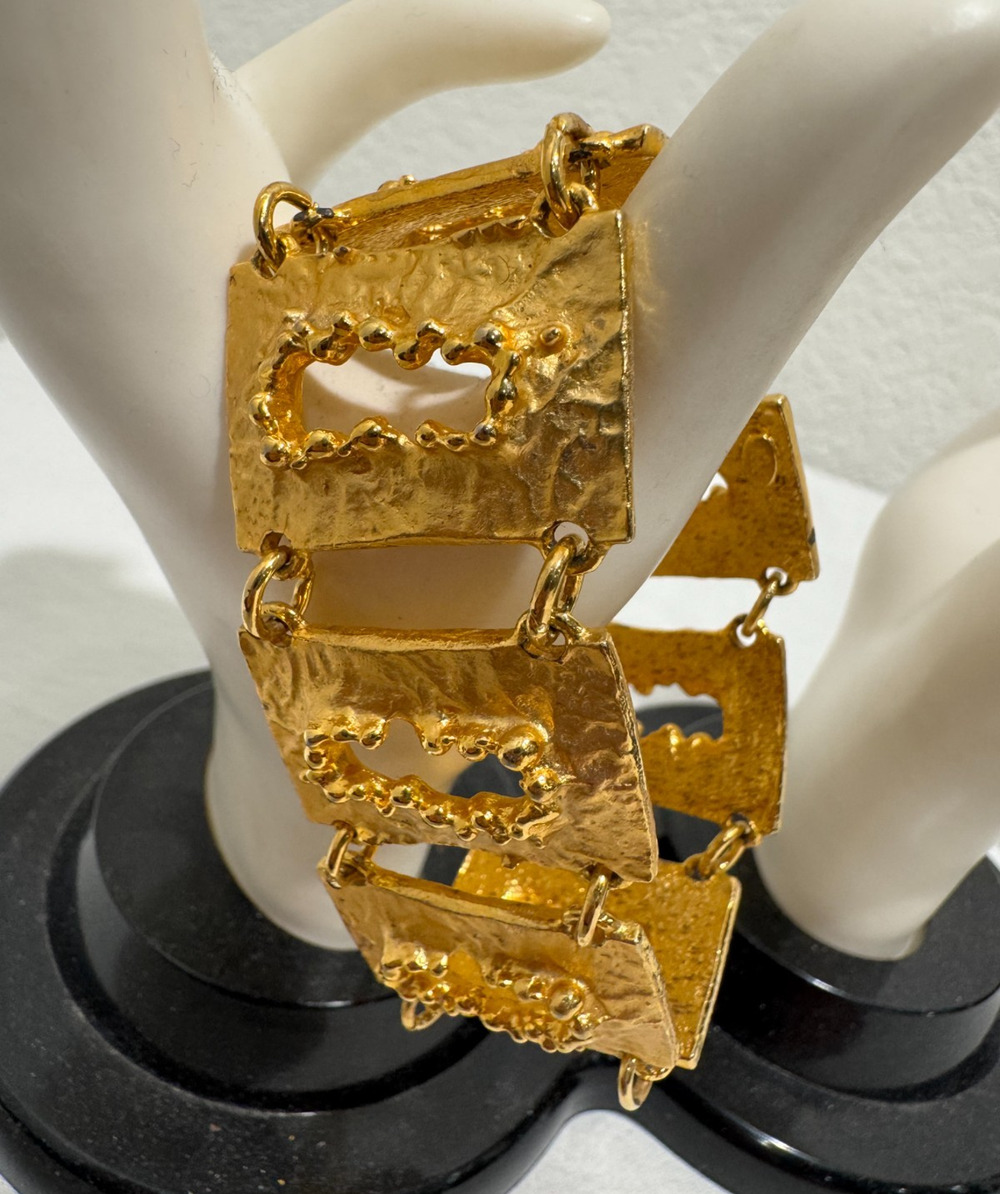 Vintage 70s HOBE Brutalist Bracelet Signed Gold Tone Hammered Rectangle Link